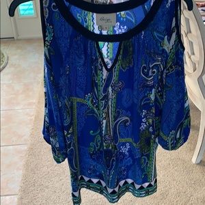 Blue and green cold shoulder top